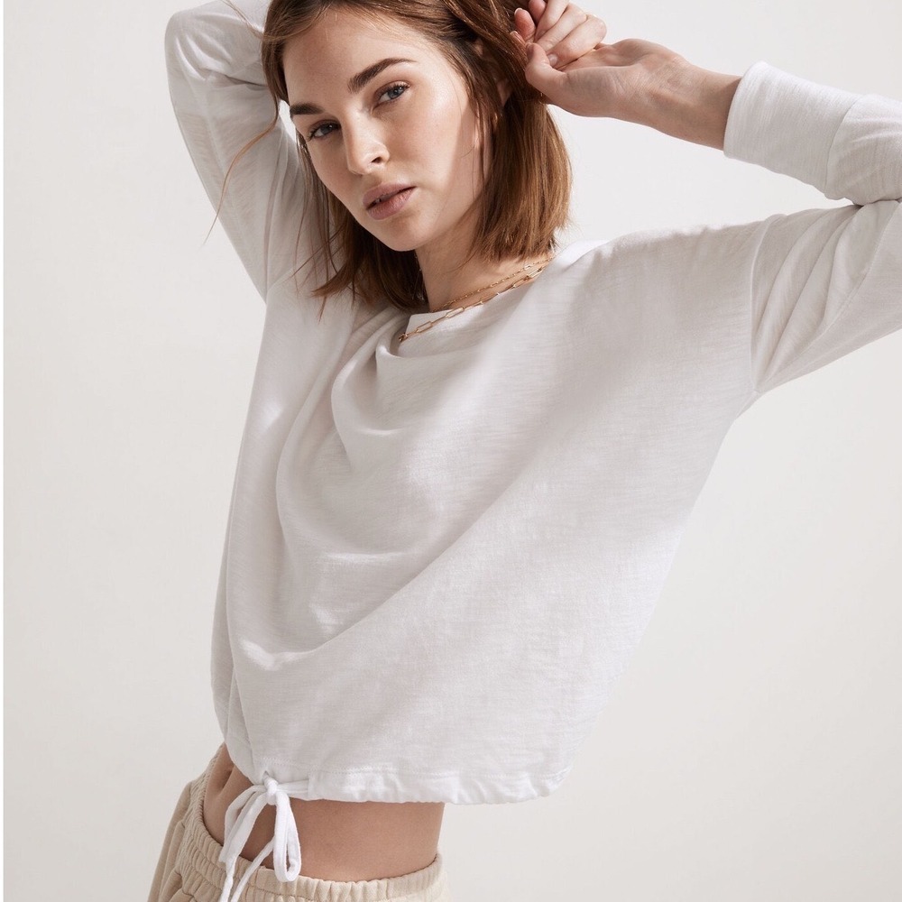 Madewell Long Sleeve T-Shirt Womens XS Oversized Cropped Cotton Drawstring White - Picture 3 of 10